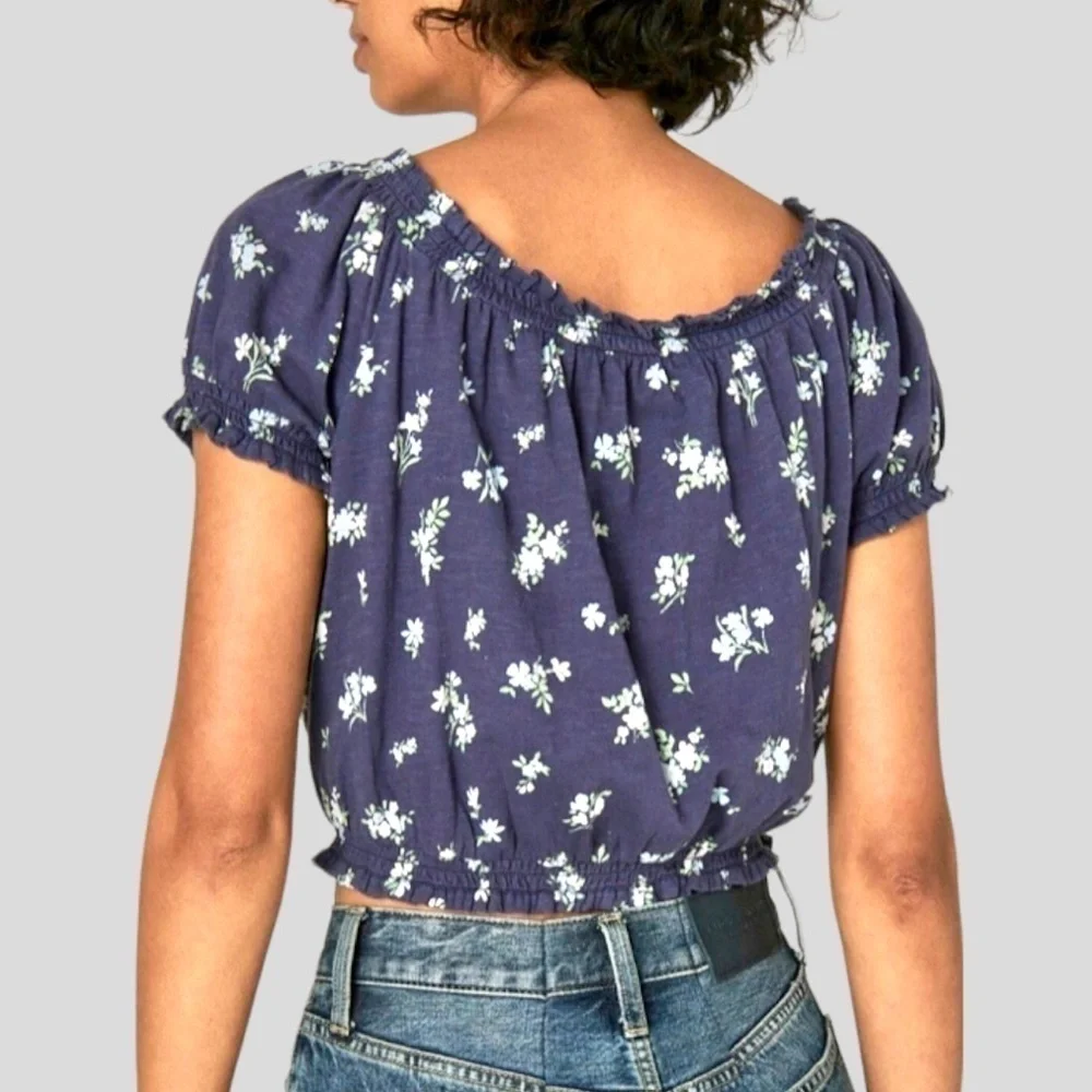 LUCKY BRAND Blue Floral On/Off Shoulder Bubble-Hem-Waist Peasant Top NWT/Lg